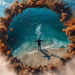 a person standing in front of a large circular ocean wave