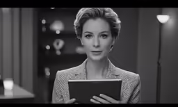 a woman holding a tablet device while staring at it