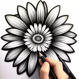 someone drawing a large white and grey flower,hand drawing a large white flower with black and white pens