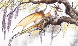 a bat hangs on a tree branch in the rain