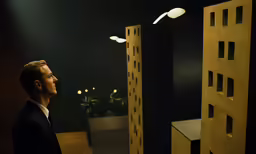 a man in a suit is staring at the light on his desk