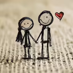 three tiny little people are holding hands and one has a red heart