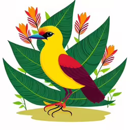 a yellow bird is sitting on a green plant