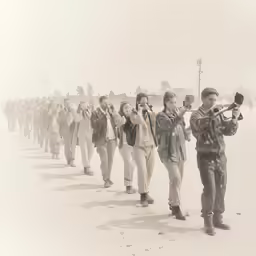 people with camera equipment in snow and dust on beach