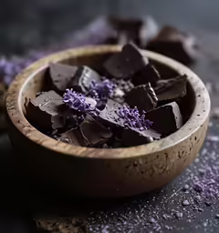 a bowl filled with chocolate pieces and purple flowers