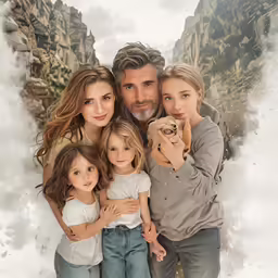 the family poses in a composite photograph for their portrait
