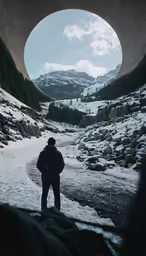 the man is standing by himself looking down the snowy mountain