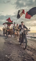 many people riding motorcycles on the beach