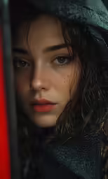 a woman in black scarf looking out of a window