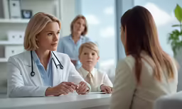 a female doctor sitting next to a woman