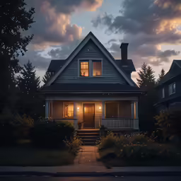 a light shines in front of a house