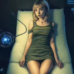 a blonde woman sitting on top of a pillow