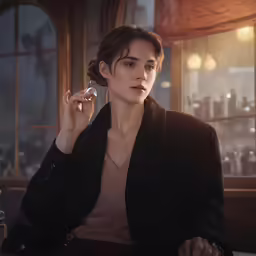 a woman sitting on a chair smoking a cigarette in front of a window