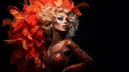 a close up view of a woman with orange hair,woman in a colorful costume with large red feathers