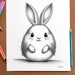 this is a pencil drawing of a bunny that is sitting down,pencil drawing of a bunny on a desk