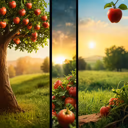 two photos side by side with a sunset, an apple tree and sun on the ground,three identical photographs showing tomatoes hanging from a tree and a green field in the sunset