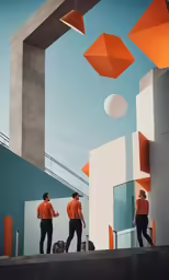 three people standing by some very colorful structures