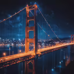 a bridge with lights on at night by the water