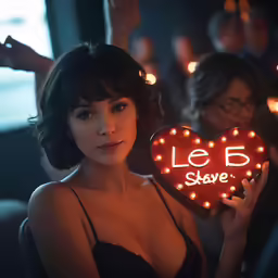 woman holding up a light - up sign that says leo save
