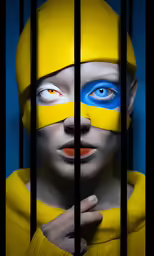 a woman with yellow and blue makeup has her eyes painted bright