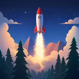 a red and white space rocket is flying through the air