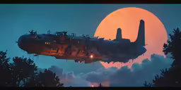 an aircraft flying into the sky with a moon in the background