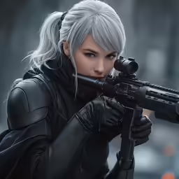 a character in a black outfit holding a gun and wearing leather gloves