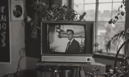 a black and white photo of a person on a tv
