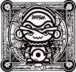 a white drawing with black and white pictures on it,the stylized artwork is black and white, with the image of an angry bird