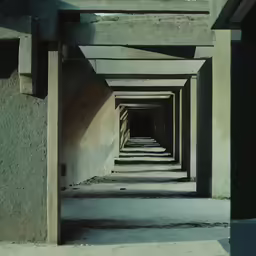 a long hallway with a stop sign between the two sides
