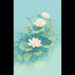 a few water lilies surrounded by leaves in a pond