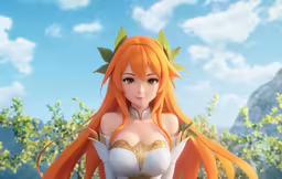 the girl is dressed in an outfit and has long red hair
