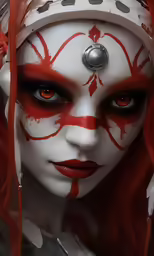 a very close up shot of a person with red makeup
