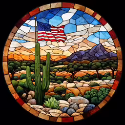 a picture of a stained glass window of a cactus landscape