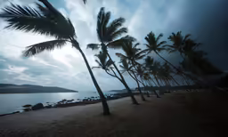 a bunch of palm trees in front of a body of water