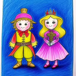 a drawing of a boy and girl in costumes,two cartoon kids in costume standing beside each other