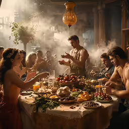 many people sit around a table where food is presented