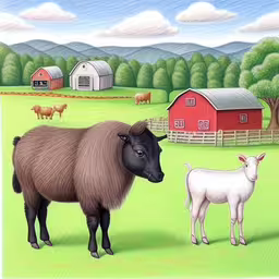 there are sheep and a goat in the field