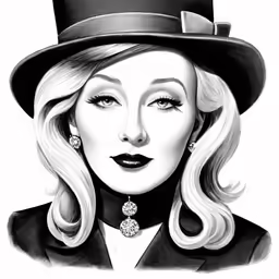 a black and white drawing of a lady in a top hat