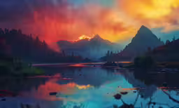 a mountain sunset with an orange glow and blue and red