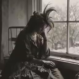 a woman is sitting on the windowsill and looking out