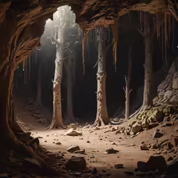 a cave with tree branches, rocks and dirt
