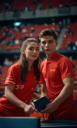 a man and a woman in a red shirt posing for a picture