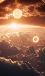 the sun is setting over clouds with circles in it