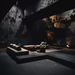 a person is sitting on the floor in the dark