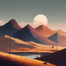 a very bright and colorful image with a full moon,an image of a mountain range with trees and hills
