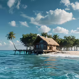 an island with a wooden pier and a house