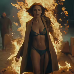 woman in bikini standing on fire with man in background