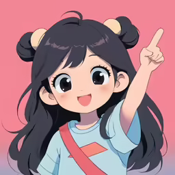 a woman in a blue shirt points with her finger
