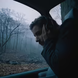 a man sits behind a steering wheel in the front seat of a car on his phone